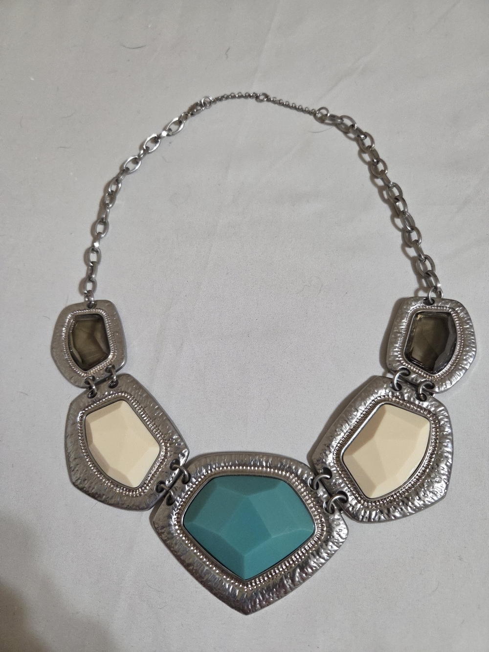 Silver Statement Necklace with Teal and Cream Gemstones